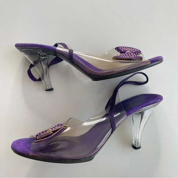 Vintage Onex Purple Gold Clear Studded Bow Retro Slingback Heels 80s 90s Size 9 - Picture 4 of 10